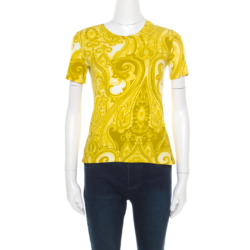 Pre Owned Etro Green Paisley Printed Cotton Crew Neck T-Shirt S