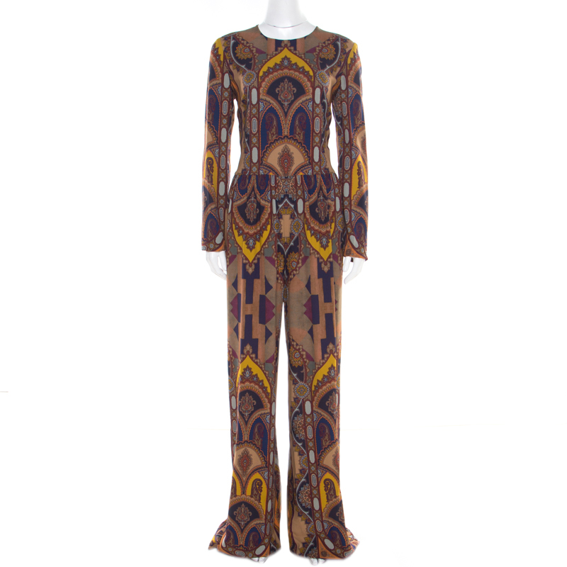 Pre Owned Etro Multicolor Printed Crepe Long Sleeve Wide Leg Jumpsuit M
