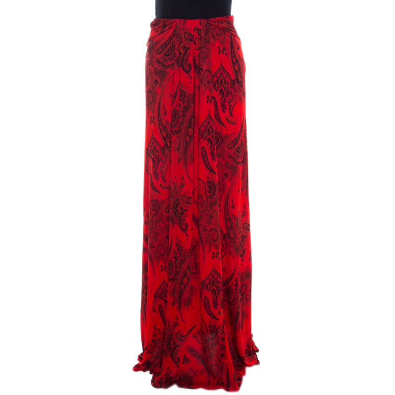 Etro Red Paisley Print Jersey Draped Maxi Skirt S