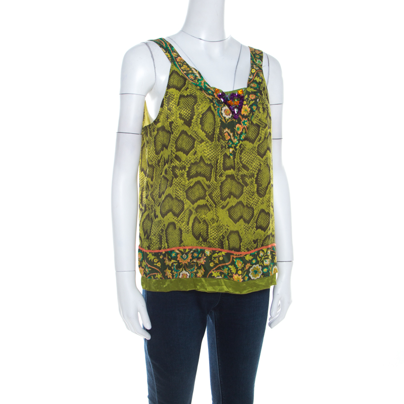 Pre-owned Etro Lime Green Snakeskin Print Silk Embellished Sleeveless Top L