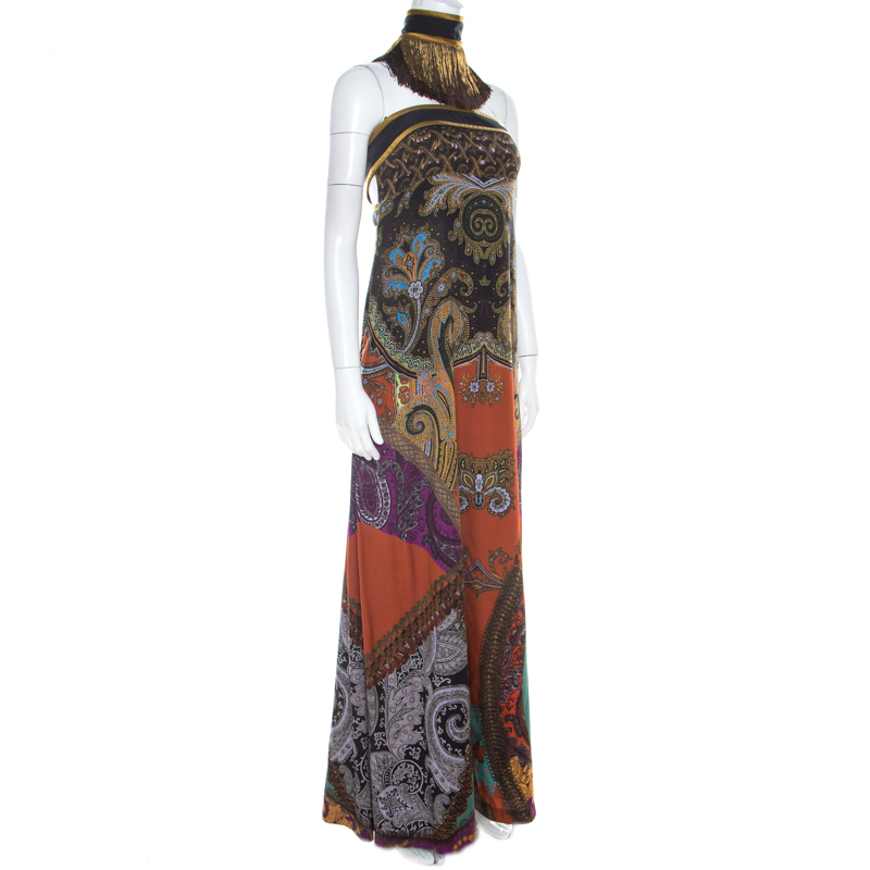 

Etro Multicolor Paisley Print Silk Tasseled Choker Neck Detail Strapless Dress