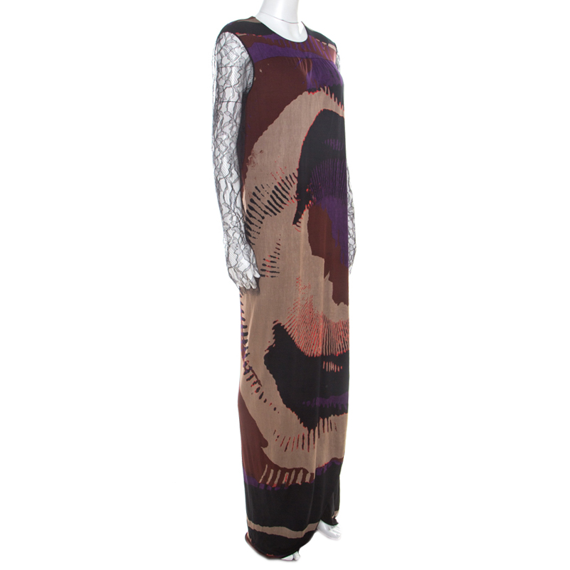 

Etro Multicolor Printed Jersey Lace Sleeve Detail Maxi Dress