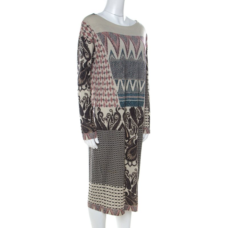 Pre-owned Etro Multicolor Abstract Print Wool Knit Sheath Dress L