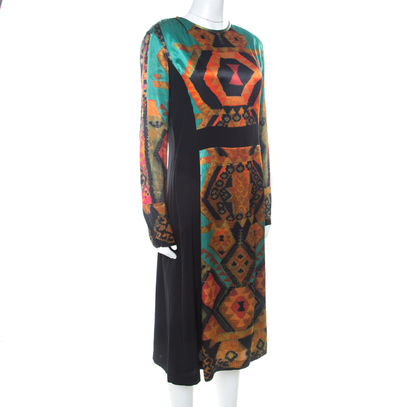 

Etro Black & Multicolor Ikat Print Satin & Crepe Full Sleeve Dress