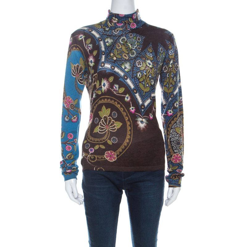 Pre Owned Etro Brown & Multicolor Floral Print Silk & Cashmere Blend Turtleneck Pullover M