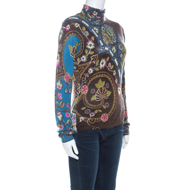 

Etro Brown & Multicolor Floral Print Silk & Cashmere Blend Turtleneck Pullover