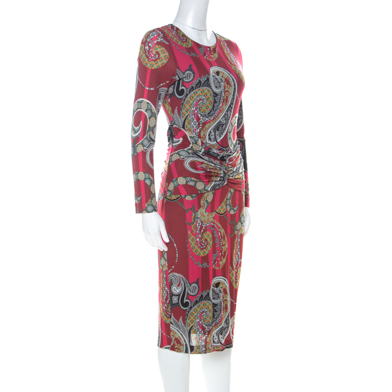

Etro Red Stretch Jersey Paisley Print Ruched Waist Midi Dress