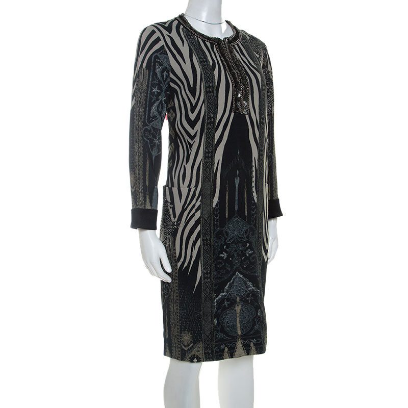 Pre-owned Etro Grey Zebra Print Embellished Neckline Shift Dress M In Multicolor