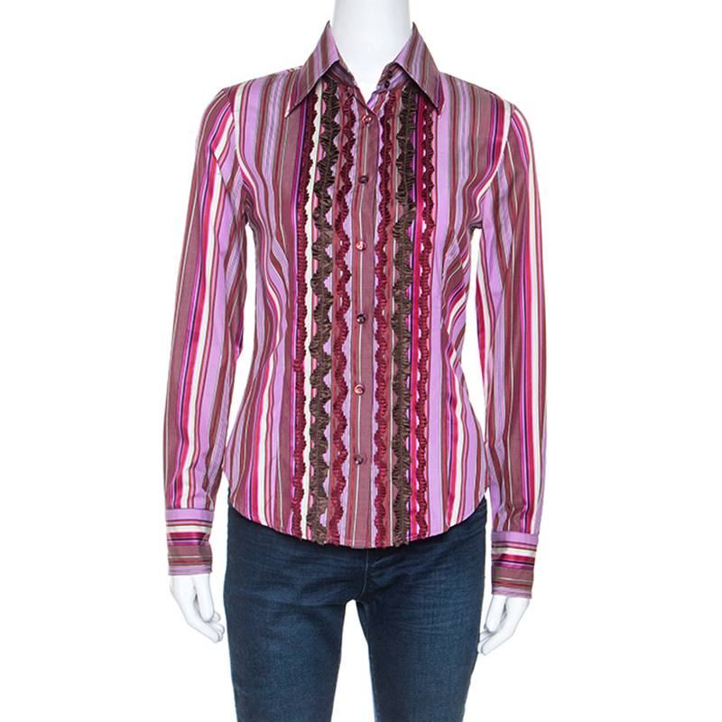 

Etro Multicolour Striped Cotton Ruffled Detail Shirt, Multicolor
