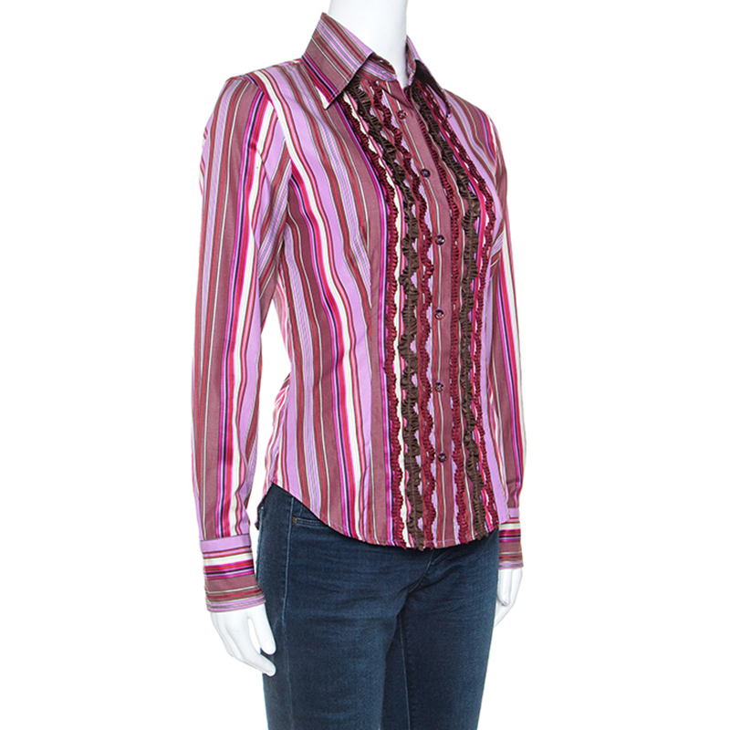 Pre-owned Etro Multicolour Striped Cotton Ruffled Detail Shirt S In Multicolor