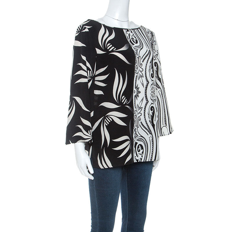 Pre-owned Etro Monochrome Paisley And Leaf Print Silk Blouse M In Black