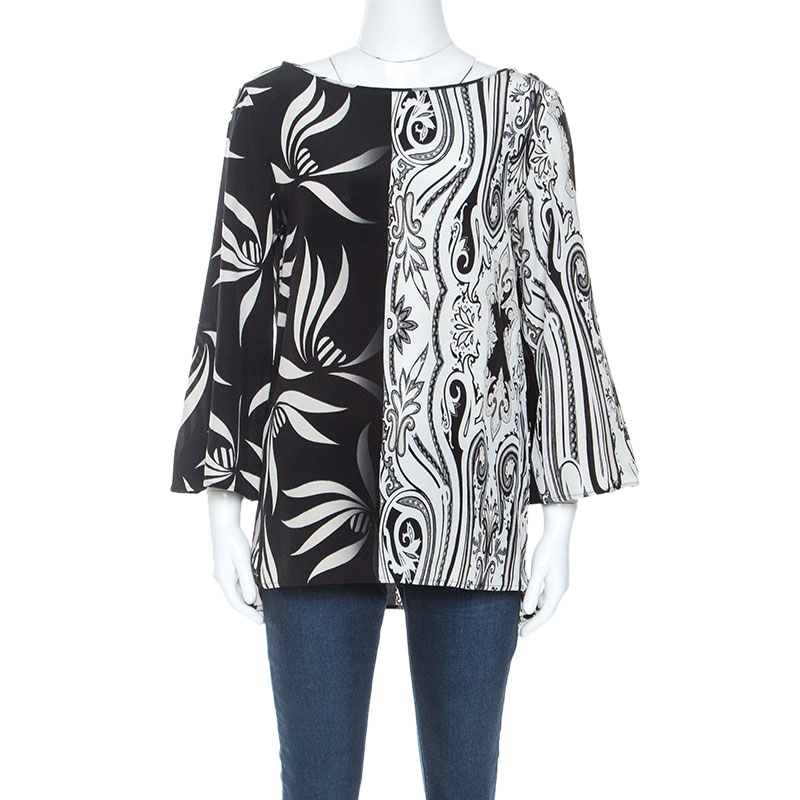 Pre-owned Etro Monochrome Paisley And Leaf Print Silk Blouse M In Black