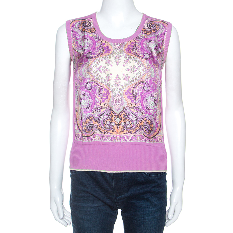 

Etro Lavender Paisley Print Silk Sleeveless Top and Cardigan Set, Purple