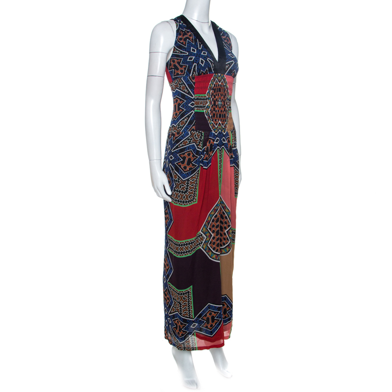 

Etro Multicolor Printed Silk Smocked Detail Maxi Dress