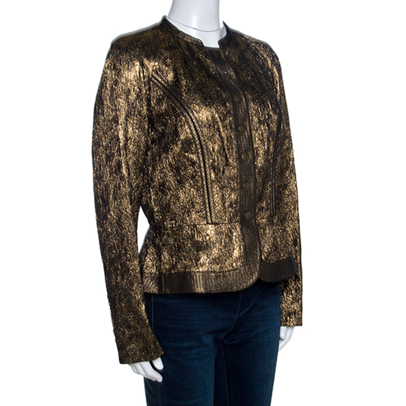 Etro Metallic Lurex Textured Peplum Buttoned Jacket, Gold