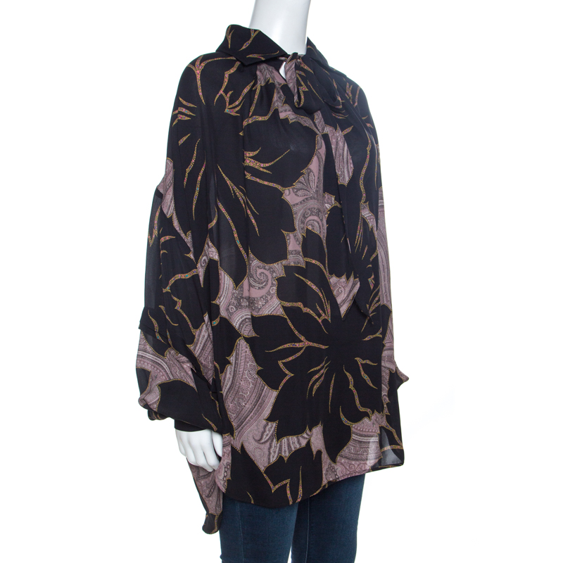 

Etro Black Floral Print Silk Drop Shoulder Oversized Blouse