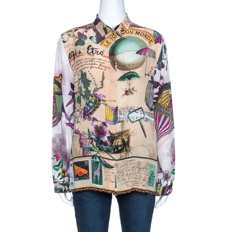 مملوكة مسبقًا قميص إيترو أكمام طويلة حرير طباعة بطاقة بريد حيوان بيج L