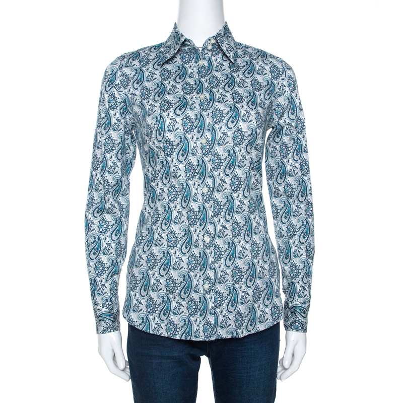 Pre-owned Etro Teal Blue Paisley Printed Stretch Cotton Shirt S