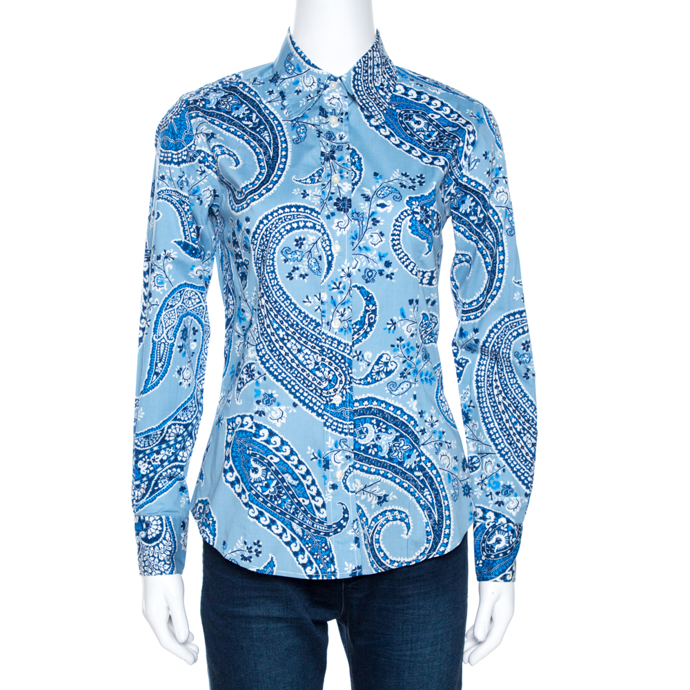 

Etro Blue Paisley Print Stretch Cotton Shirt