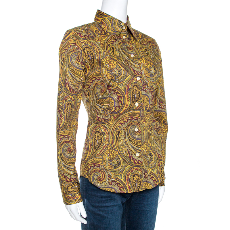 

Etro Yellow Paisley Print Stretch Cotton Contrast Trim Shirt