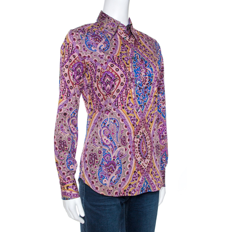 

Etro Purple Floral Print Stretch Cotton Shirt