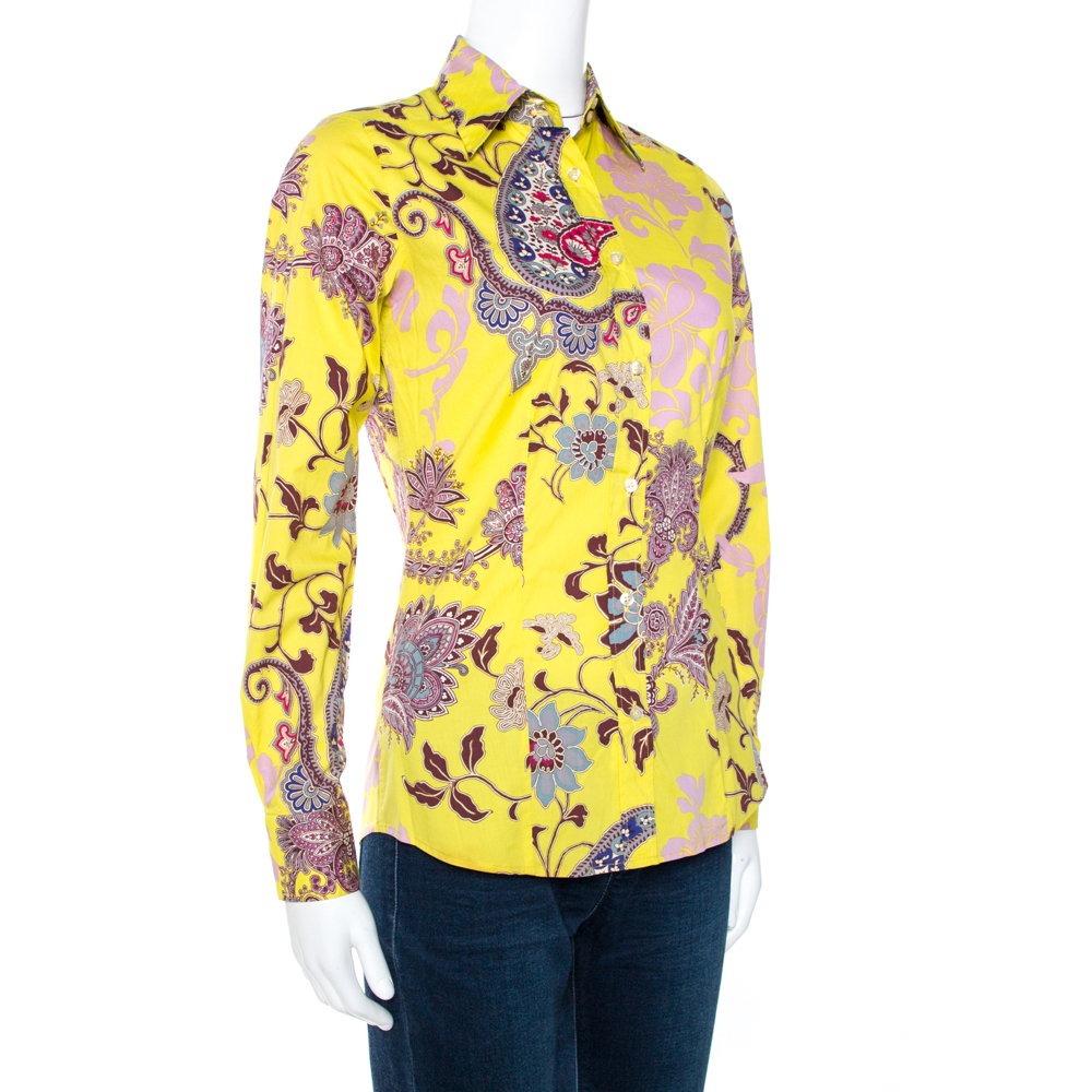 Pre-owned Etro Yellow Floral Paisley Print Stretch Cotton Shirt S