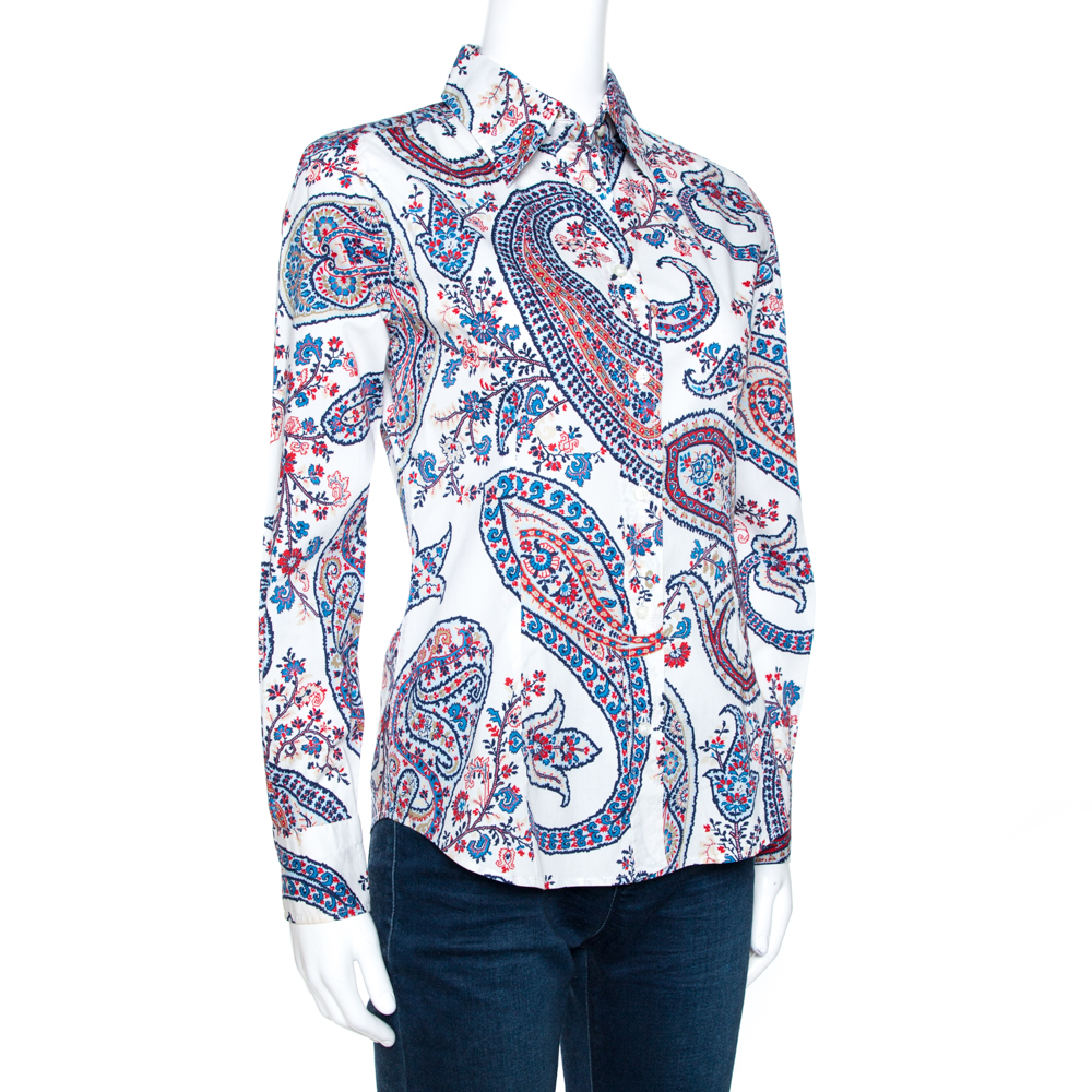 Pre-owned Etro White Floral Paisley Print Stretch Cotton Shirt S