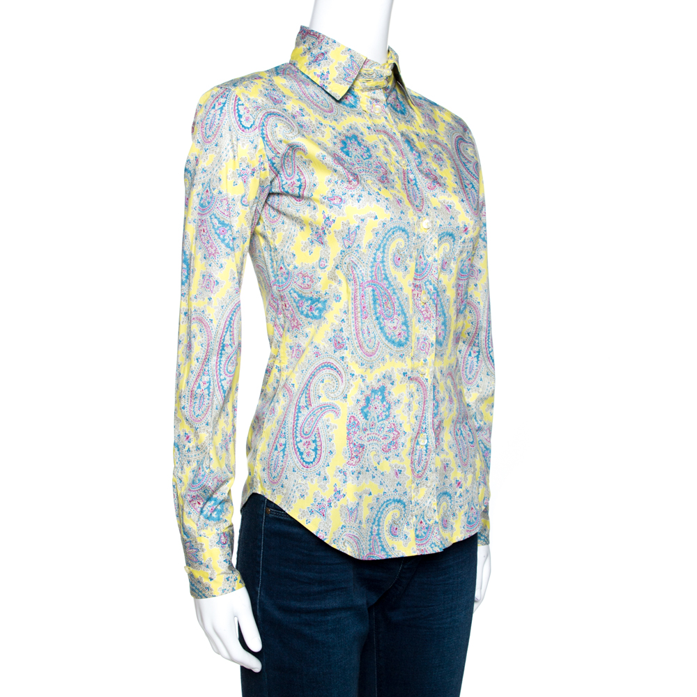 

Etro Lemon Yellow Paisley Print Stretch Cotton Shirt