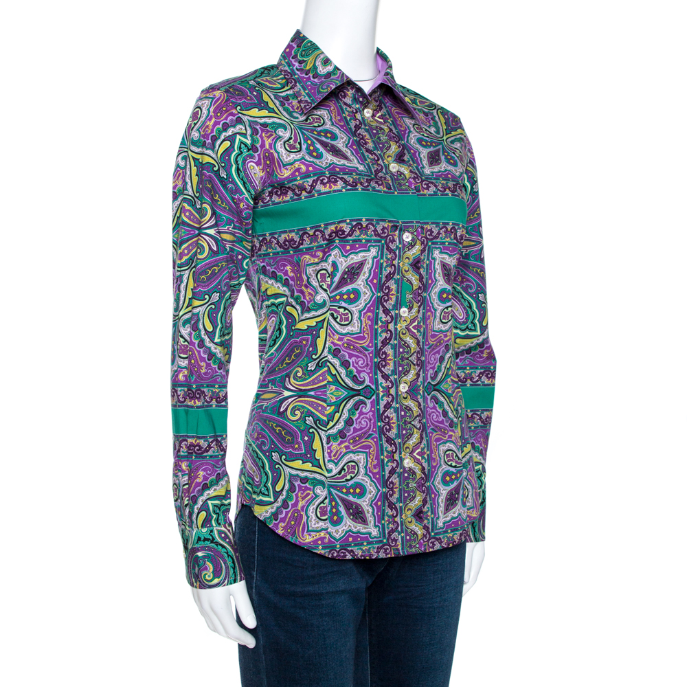 

Etro Purple & Green Paisley Print Stretch Cotton Shirt