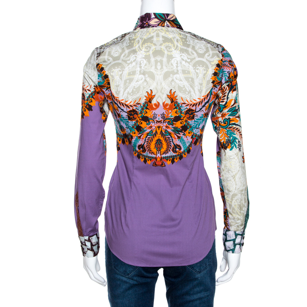 Pre-owned Etro Purple Floral Leaf Print Stretch Cotton Shirt S