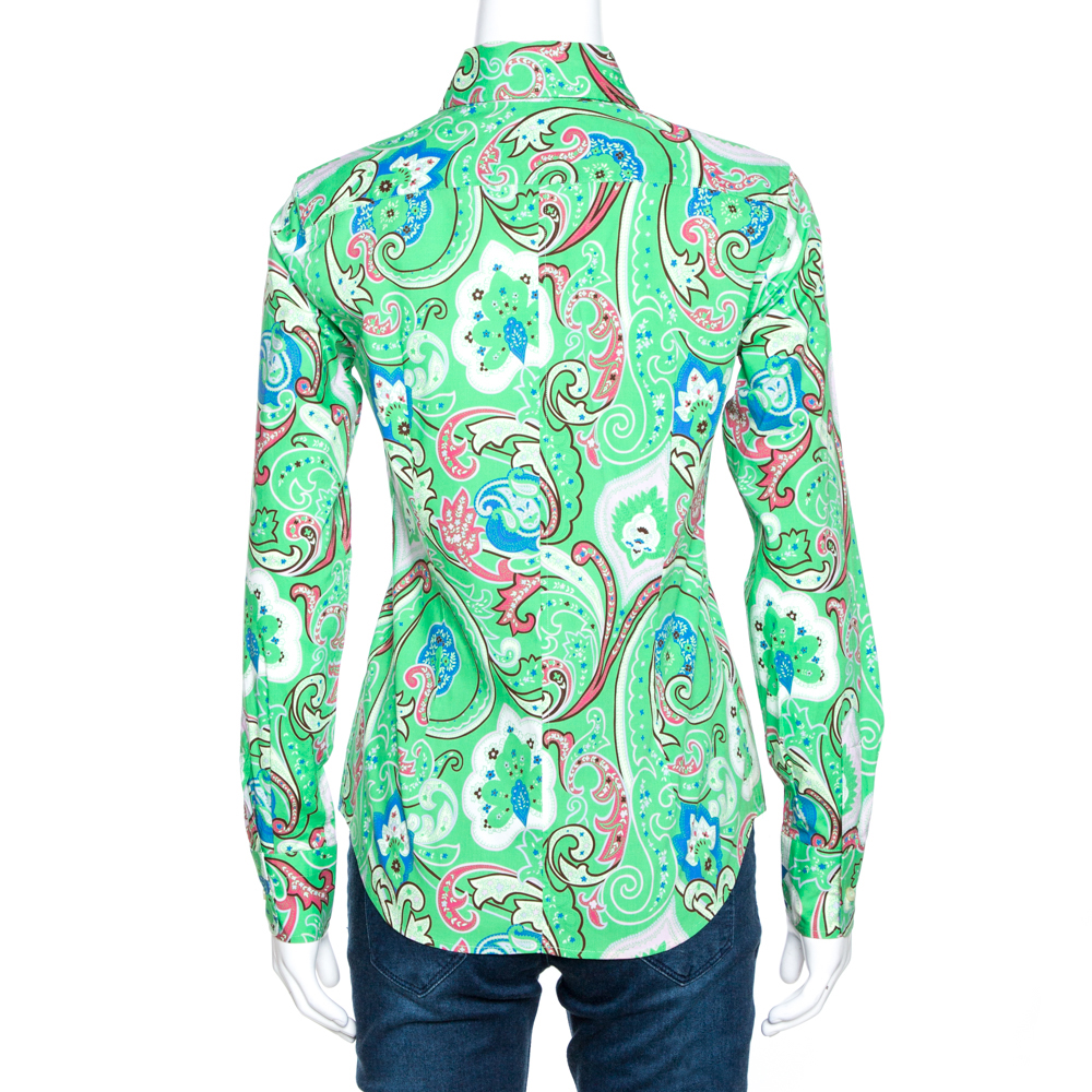 Pre-owned Etro Green Floral Paisley Print Stretch Cotton Shirt S