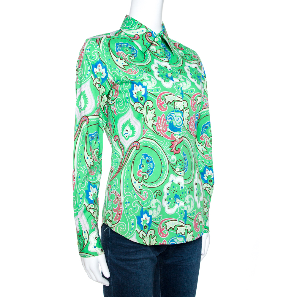 Pre-owned Etro Green Floral Paisley Print Stretch Cotton Shirt S
