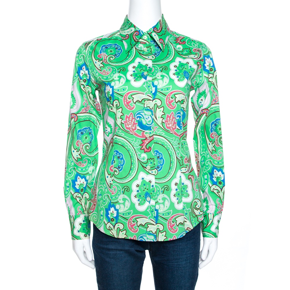 

Etro Green Floral Paisley Print Stretch Cotton Shirt