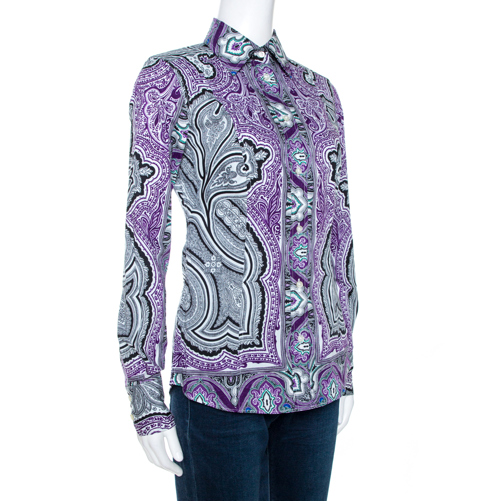 

Etro Purple & Black Paisley Print Stretch Cotton Shirt