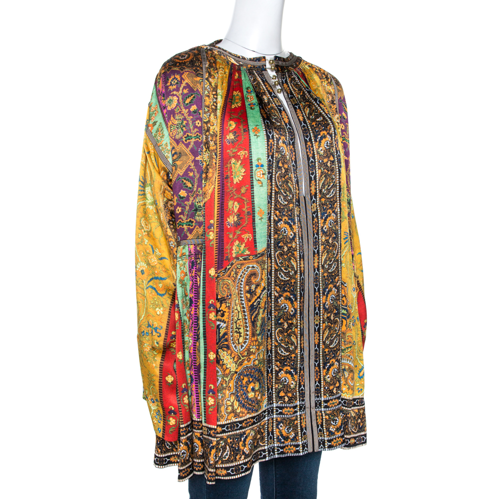 

Etro Multicolor Panelled Print Silk Pleated Tunic Top