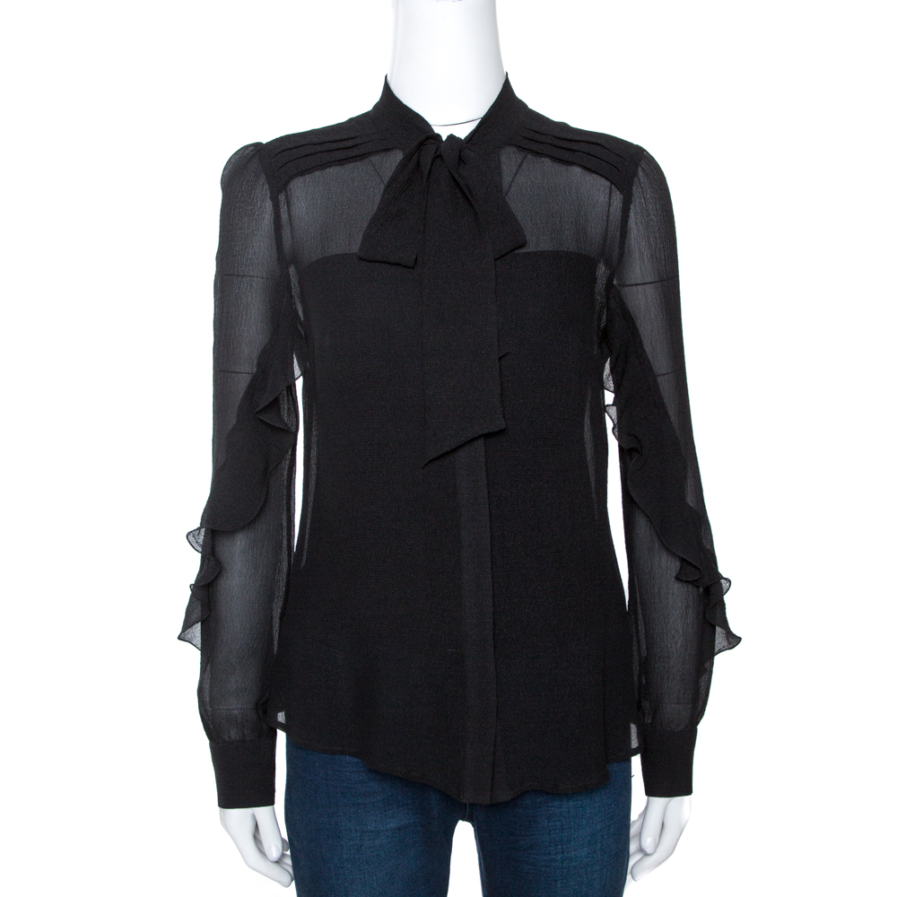 Pre Owned Etro Black Crinkled Silk Bow Detail Sheer Blouse M