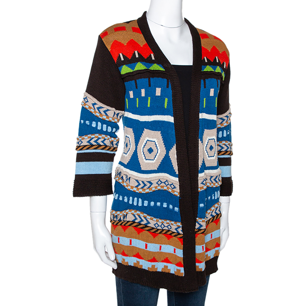 

Etro Multicolor Geometric Jacquard Knit Open Front Cardigan