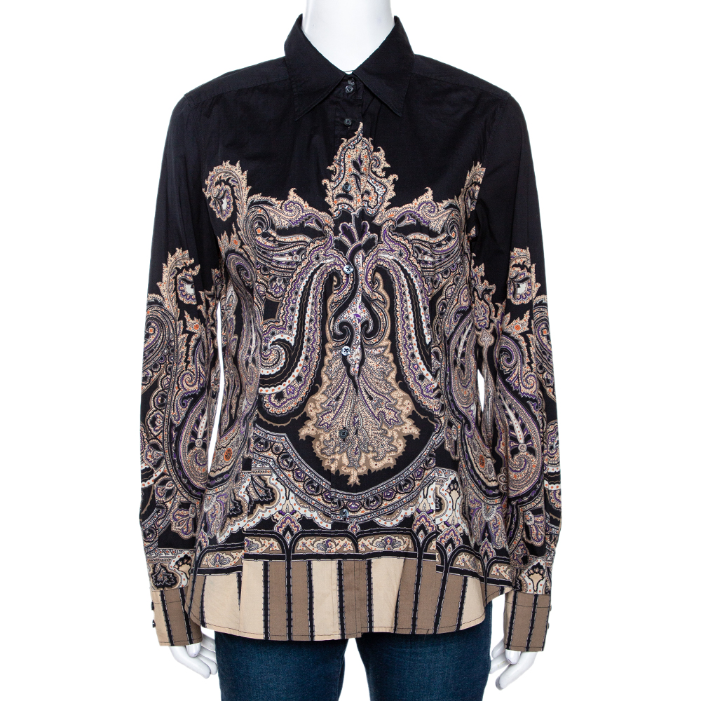 Pre Owned Etro Black & Beige Paisley Printed Stretch Cotton Button Front Shirt L