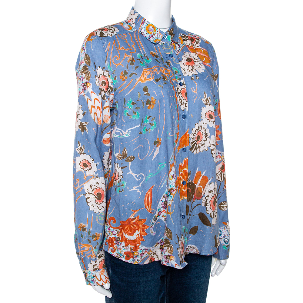 

Etro Blue Floral Printed Linen Button Front Shirt