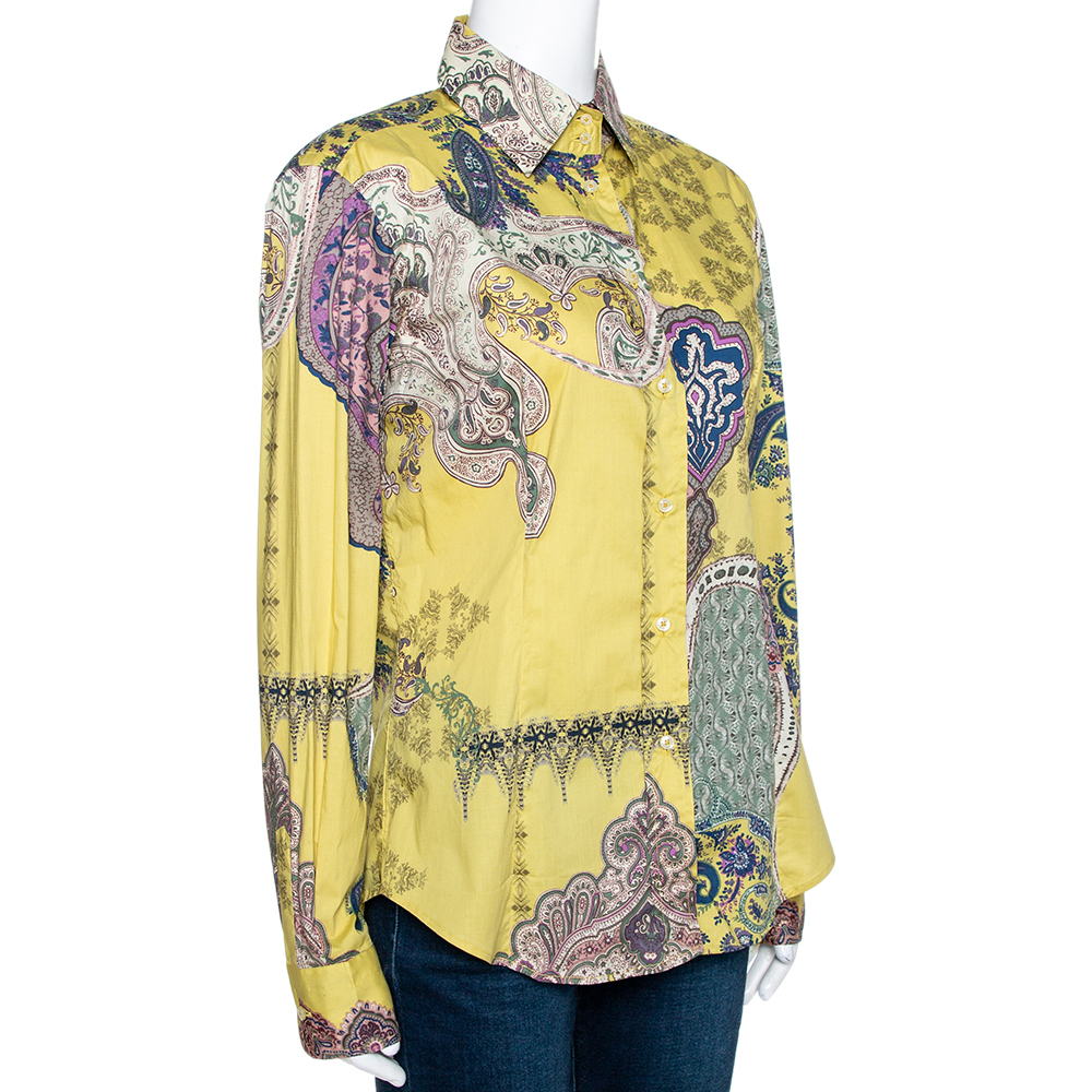 

Etro Yellow Paisley Printed Stretch Cotton Button Front Shirt