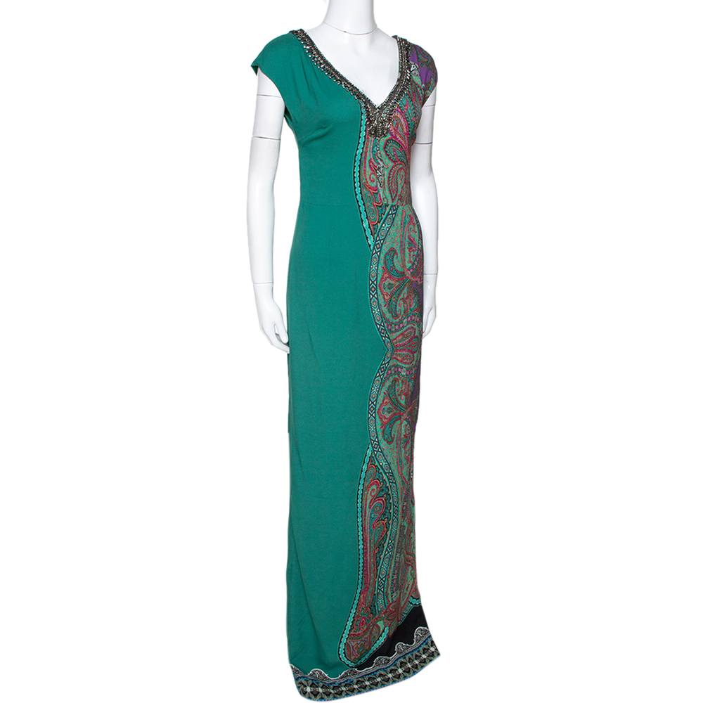 

Etro Green Paisley Printed Stretch Crepe Bead Embellished Maxi Dress