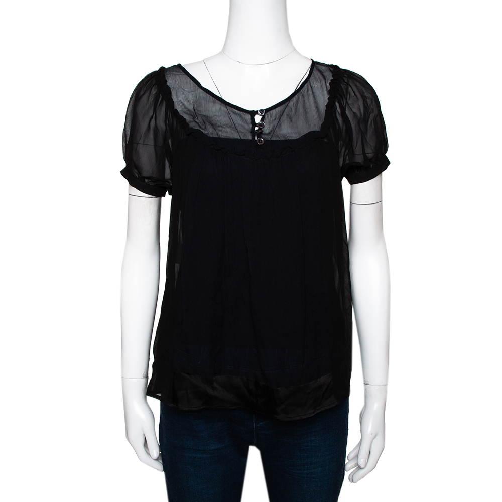 Pre Owned Etro Black Silk Chiffon Gathered Sheer Blouse S