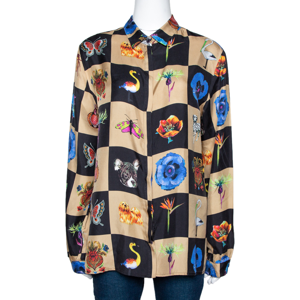 Pre Owned Etro Multicolor Checked Silk Nature Print Button Front Shirt L