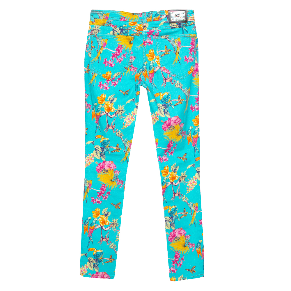

Etro Cyan Blue Flora & Fauna Print Skinny Jeans