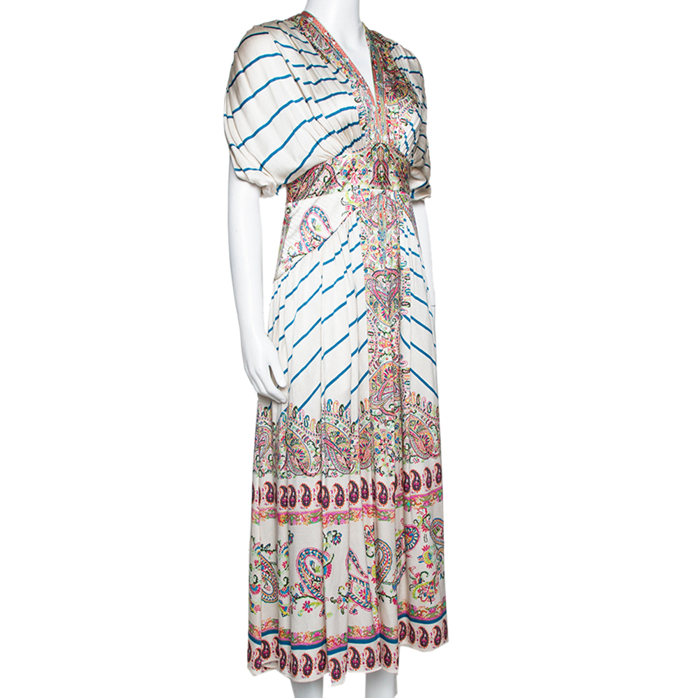 

Etro Cream Striped & Paisley Print Silk Gathered Midi Dress