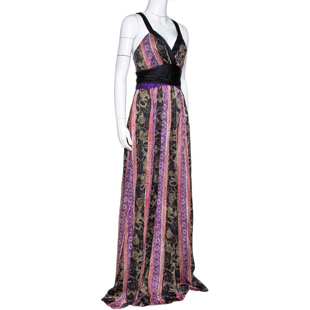 

Etro Black Paneled Floral Print Silk Halter Neck Maxi Dress