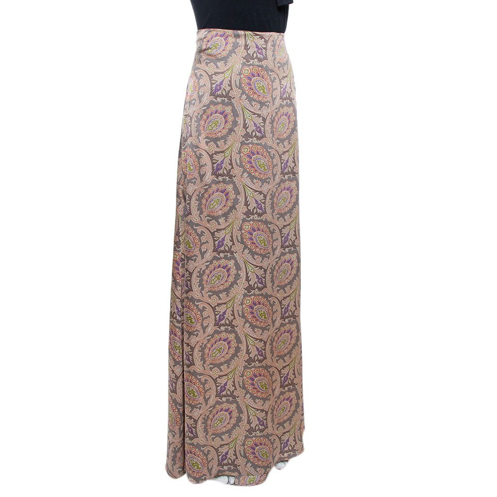 

Etro Greige Paisley Print Silk Satin Maxi Skirt, Grey