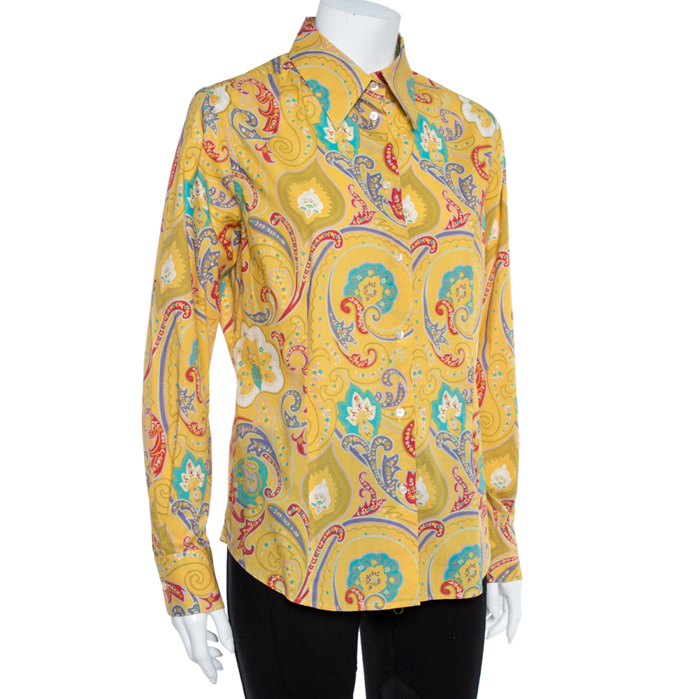 

Etro Yellow Paisley Print Stretch Cotton Shirt