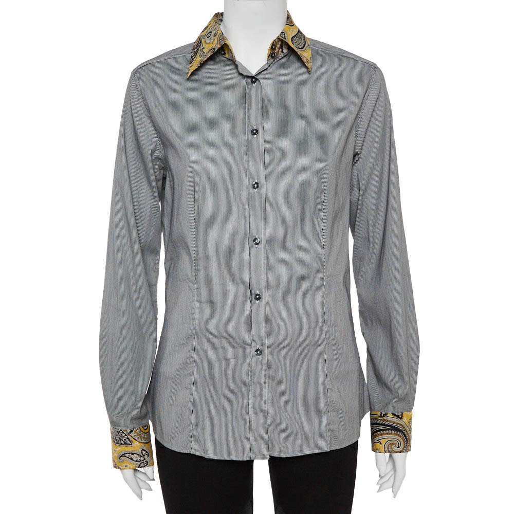 

Etro Black and White Cotton Stripe Body with Paisley Print Shirt