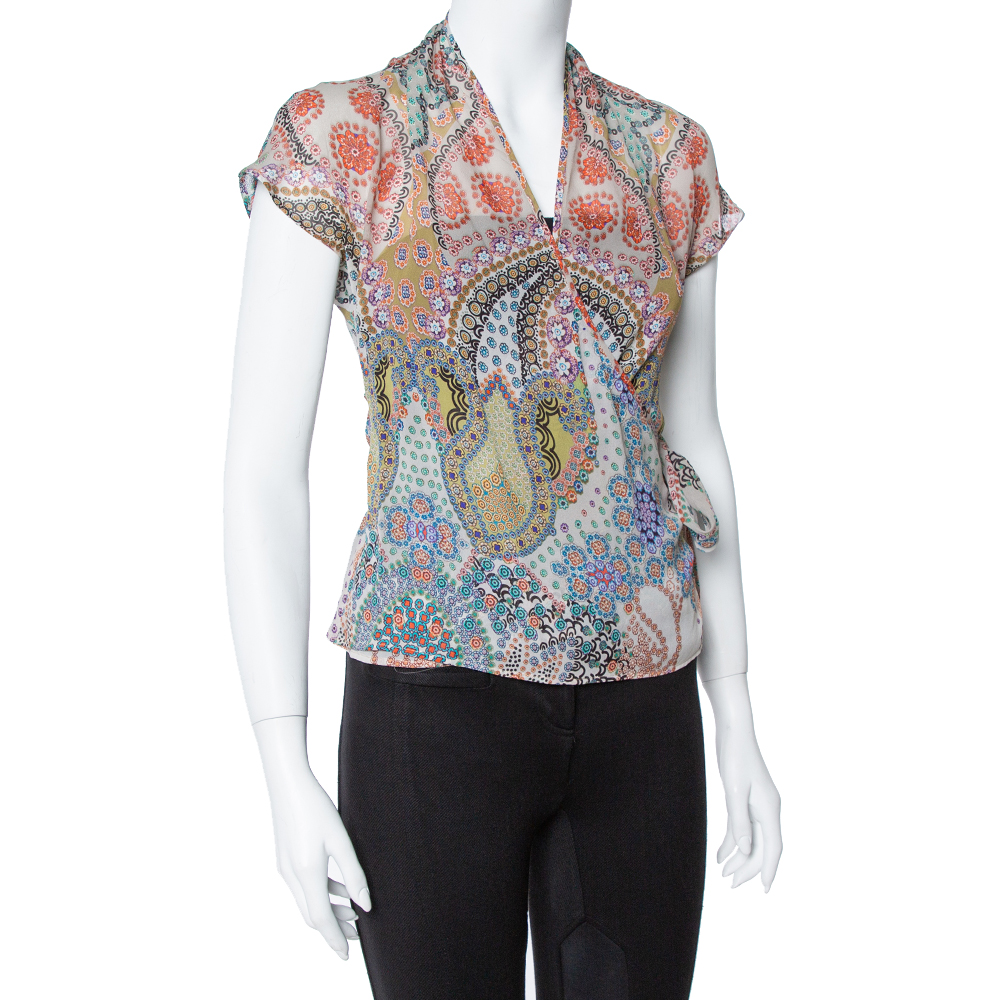 

Etro Pale Grey Floral Print Silk Faux Wrap Blouse